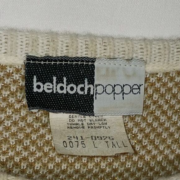 Vintage Beldoch Popper Womens Large Tall Tan and Ivory Fair Isle Knit Sweater - Picture 4 of 7